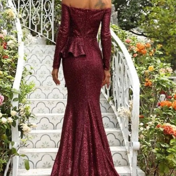 Burgundy Sequin Long Evening Dress - Picture 2 of 5